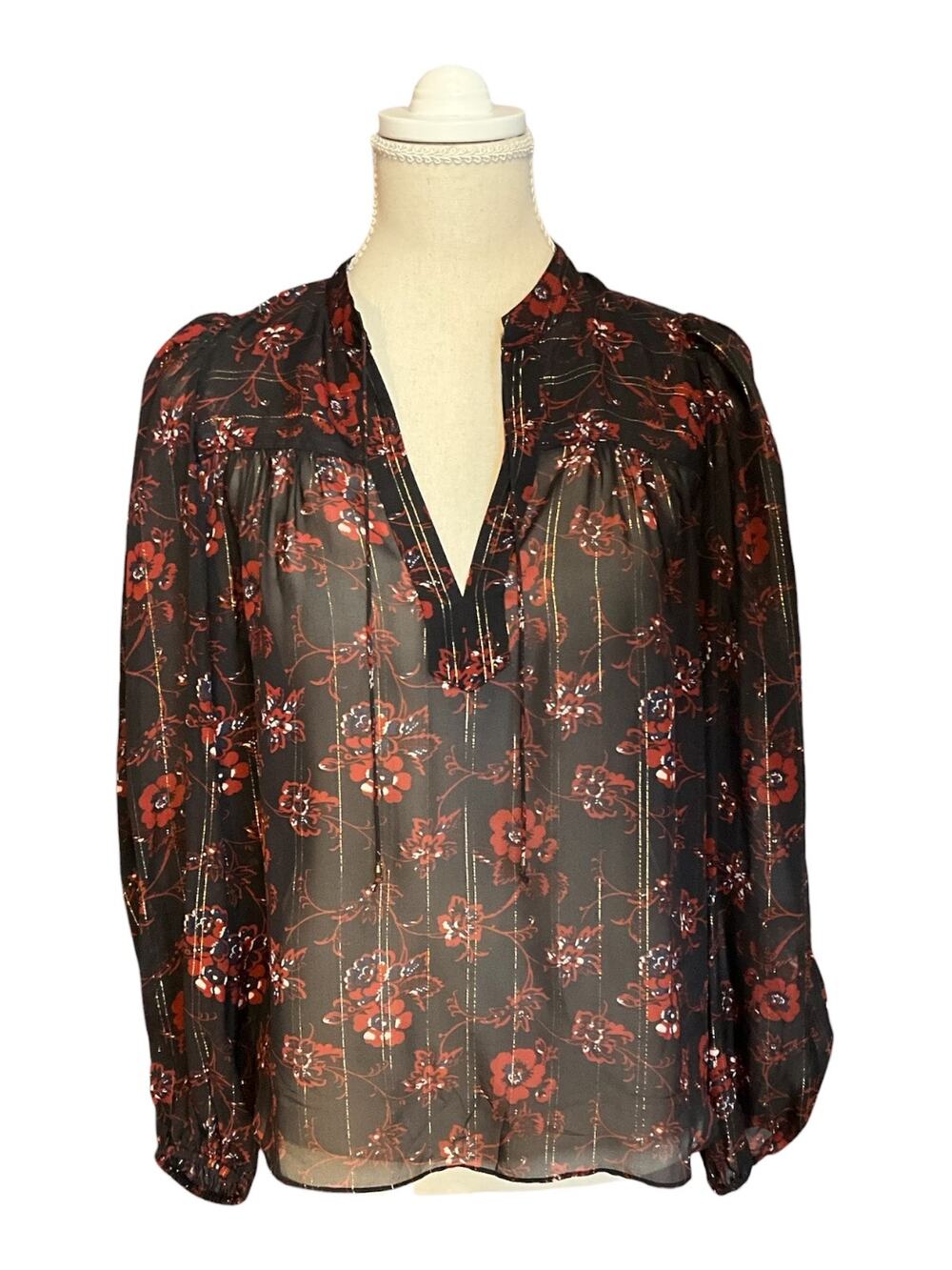 Ulla Johnson Constance Noir Silk Metallic Lurex Floral Blouse Size 4
